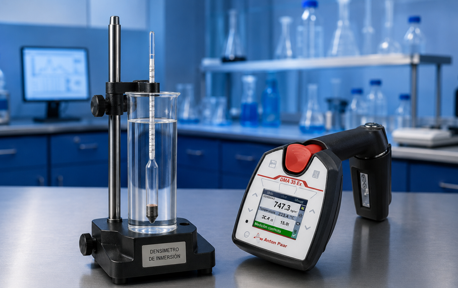 Densímetro de inmersión de vidrio en una probeta junto a un densímetro digital portátil de tubo oscilante en un laboratorio